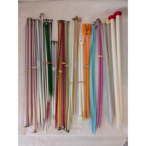 Vintage Assorted 21 Single Point Knitting Needles Aluminum Wood Asst Sizes